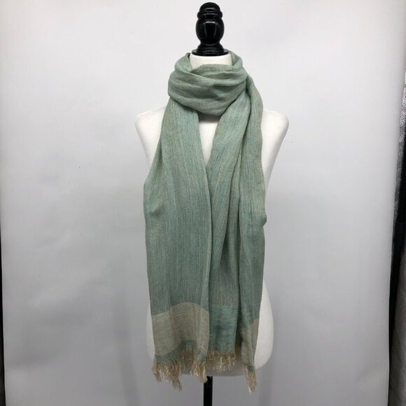 AJ Armani Jeans Unisex Sage Green & Cream Color Block Scarf with Tassels - Picture 7 of 13